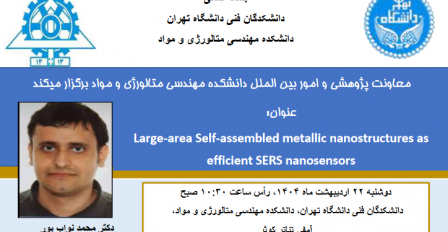 سخنرانی آقای دکتر نواب‌پور با عنوان « معرفی یک روش تولیدتکرارپذیر مبتنی بر خودآرایی پلیمری جهت تولید انواع نانو ذرات پلاسمونی و نیز ترکیبات دوگانه نانو ذرات پلاسمونی».